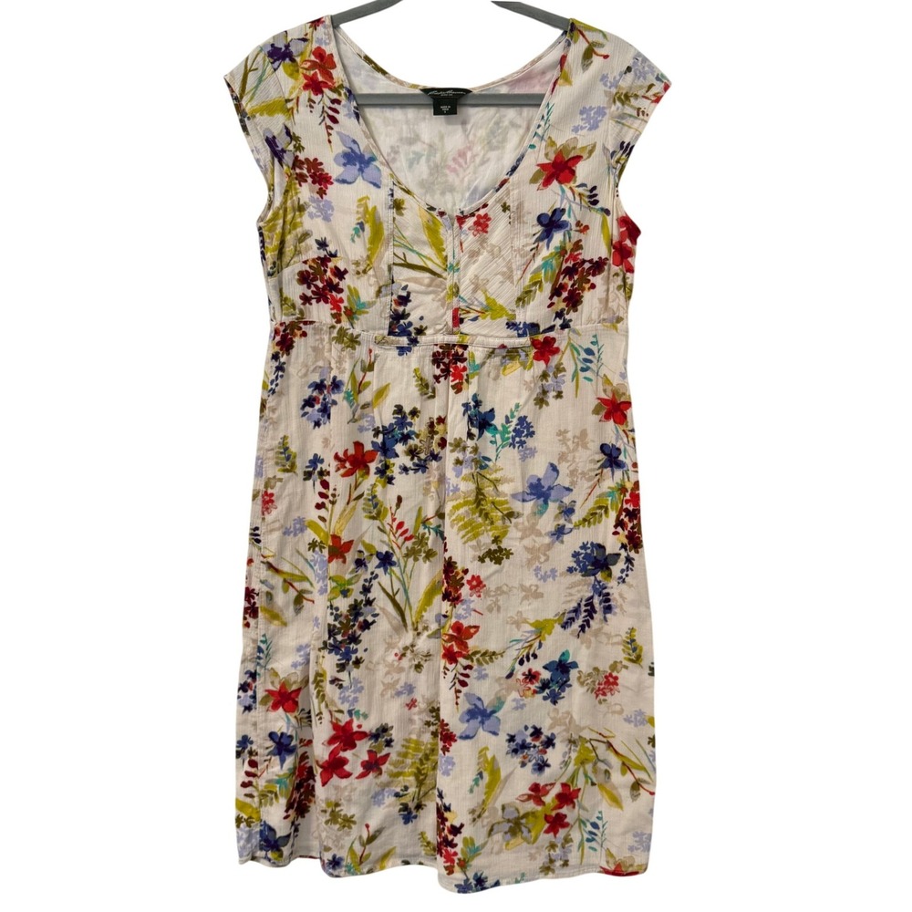 Eddie Bauer Womens Floral Cotton Empire Waist Cap Sleeve Dress Size 8 Cream Gorp - Picture 2 of 7